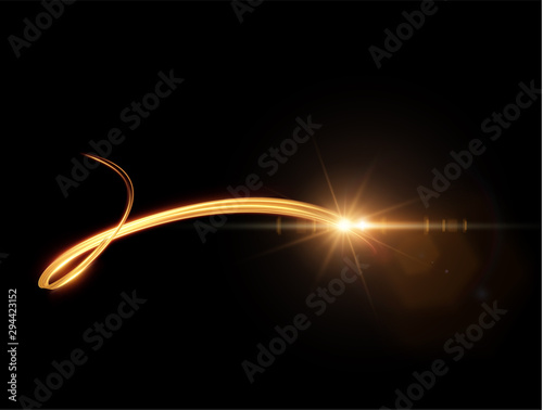 Golden ribbon with light trail effect and energy lines vector background.