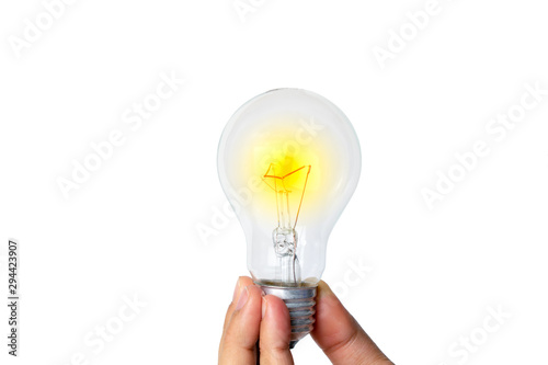Human hand with glowing incandescent lamp isolated on white background , Energy and Environment Concept.