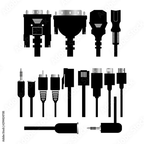 Monitor hardware icons ,cabels. Different types of universal computer cable connectors, cables Micro-USB, Mini-USB, USB Type-A, USB Type-B, cable tulip, cable jack