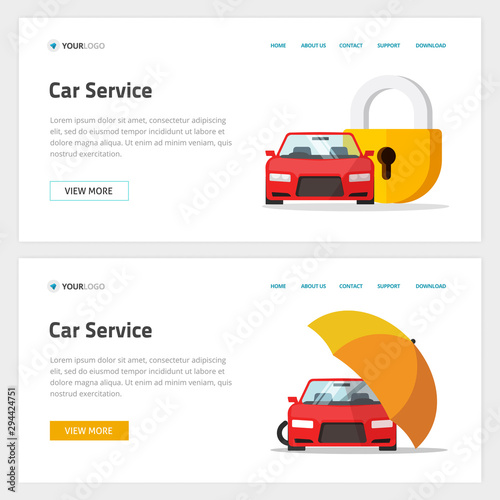 Car insurance or automobile protection service website template design vector layout or mockup, flat cartoon web site landing page and vehicle protected with lock shield or umbrella security banner