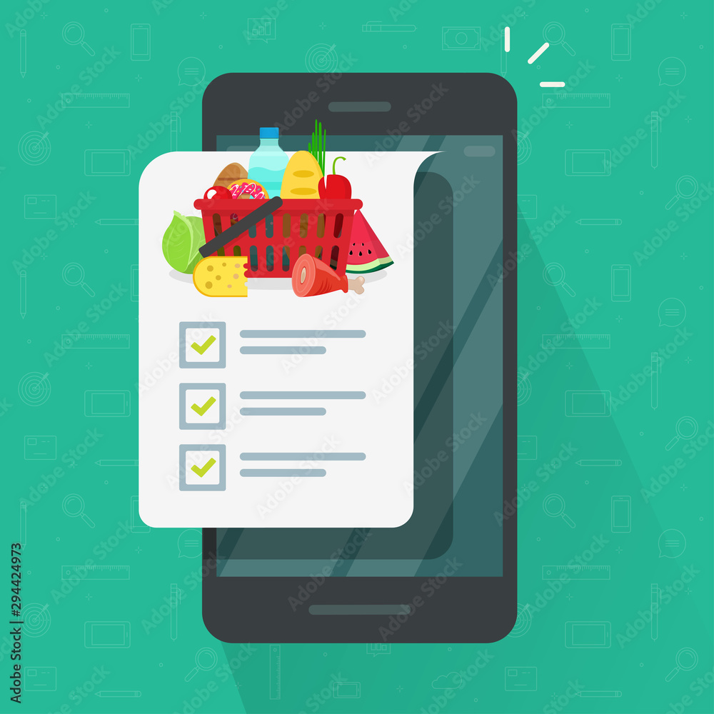Grocery shopping list app on cellphone or smartphone vector illustration, flat cartoon mobile phone and food products list to buy with checklist or checkmarks isolated icon clipart - obrazy, fototapety, plakaty 