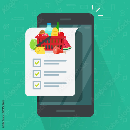 Grocery shopping list app on cellphone or smartphone vector illustration, flat cartoon mobile phone and food products list to buy with checklist or checkmarks isolated icon clipart