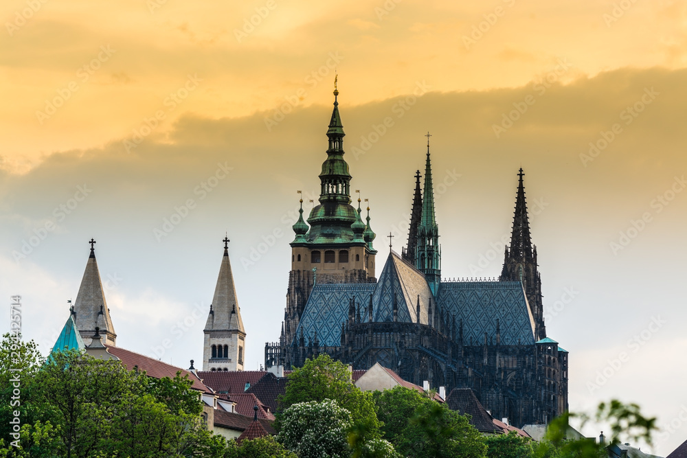 Rooftop of the Prague Castle under the sunset, view from the Letna park in Prague, Czech.