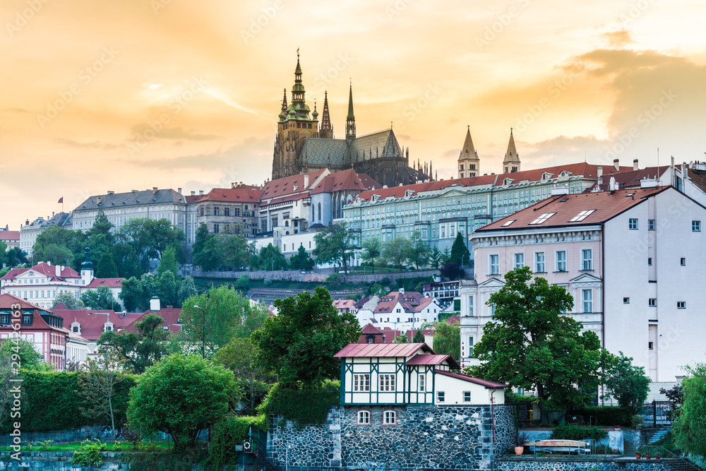 Fototapeta premium Prague castle under the sunset, one of the most famous travel destinations in Prague, Czech, view from Manes Bridge.