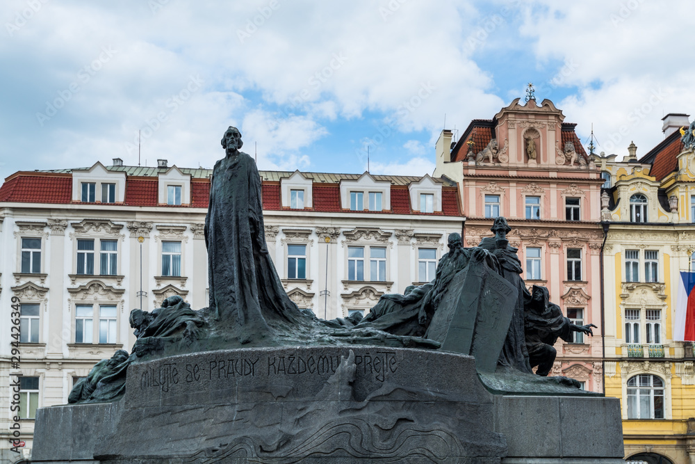  Jan Hus Memorial statue, a very important one and a symbol of strength to the people of Bohemia, at one end of Old Town Square, Prague in the Czech Republic