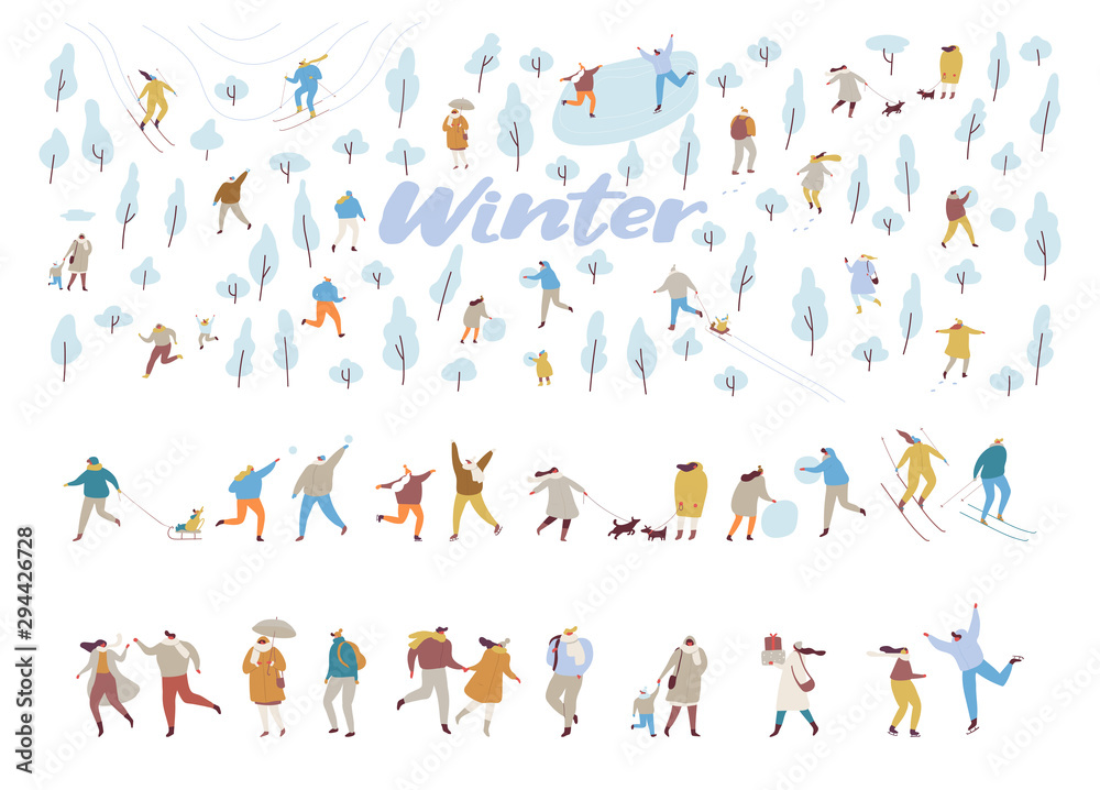 Winter park with people flat vector background. Crowd of happy people in warm clothes vector set. Winter outdoor activities - skating, skiing, throwing snowballs, building snowman.