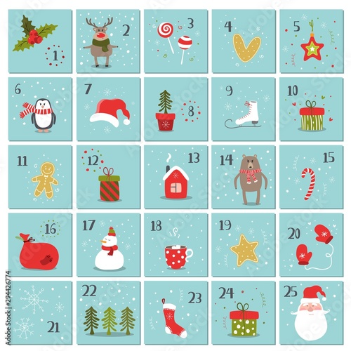 Merry Christmas and Happy new year illustration fo advent calendar. Cute winter vector illustration.