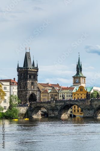 Gothic style old town bridge tower one of the most beautiful Gothic gateways in the world, at the east side of Charles Bridge across the Vltava river in Prague, Czech Republic.