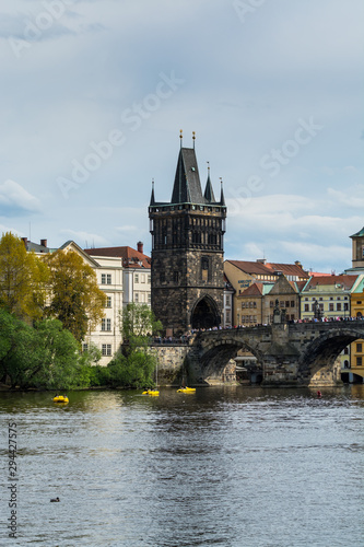 Gothic style old town bridge tower one of the most beautiful Gothic gateways in the world, at the east side of Charles Bridge across the Vltava river in Prague, Czech Republic.
