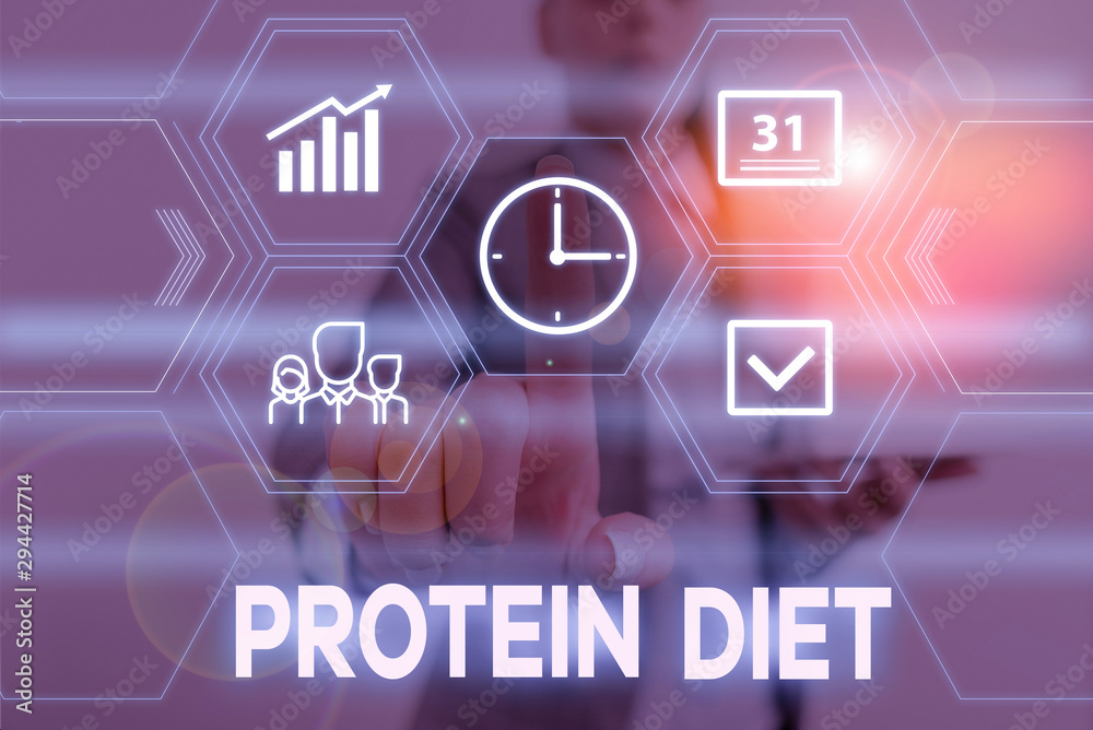 Fototapeta premium Conceptual hand writing showing Protein Diet. Concept meaning low in fat or carbohydrate consumption weight loss plan Woman wear work suit presenting presentation smart device