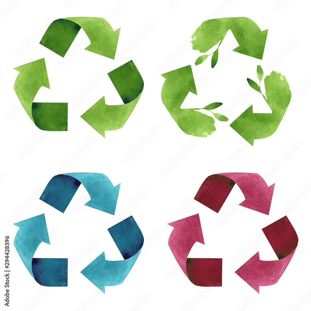 Watercolor set with recycling signs isolated on white background. Hand drawn reuse symbols for ecological design. Zero waste lifestyle. Green, blue, burgundy arrows Watercolor set with recycling signs isolated on white background. Hand drawn reuse symbols for ecological design. Zero waste lifestyle. Green, blue, burgundy arrows