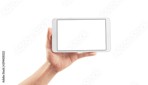 Hands holding a tablet touch computer gadget with isolated