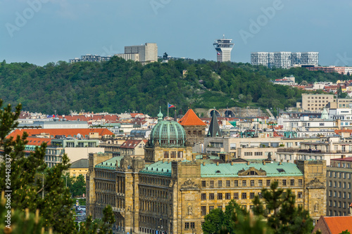 Aerial view of the old town of Prague, with Ministery Of Industry And Trade Building , one awesome looking building that is one of the standout landmark buildings , view from the Letna park. photo