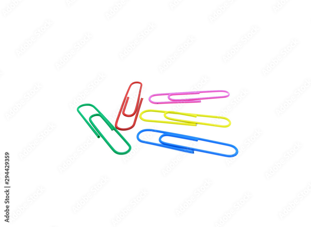 Series of colorful paper clips isolated on a white background. Decorative paper clips in pink, yellow, green, red and blue colors Series of colorful paper clips isolated on a white background. Decorative paper clips in pink, yellow, green, red and blue colors
