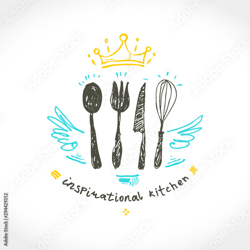 Inspirational kitchen. Illustration as a child's drawing a kitchen utensils with wings and a crown. Funny picture drawn by pencils. Logo for cooking, cafe, street food, cooking courses and more.
