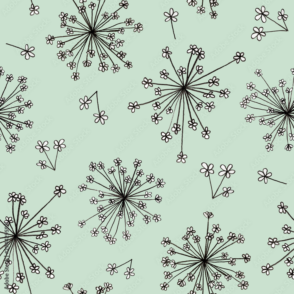 Obraz premium Ammi Majus little flowers graphic hand drawn - seamless pattern on light green