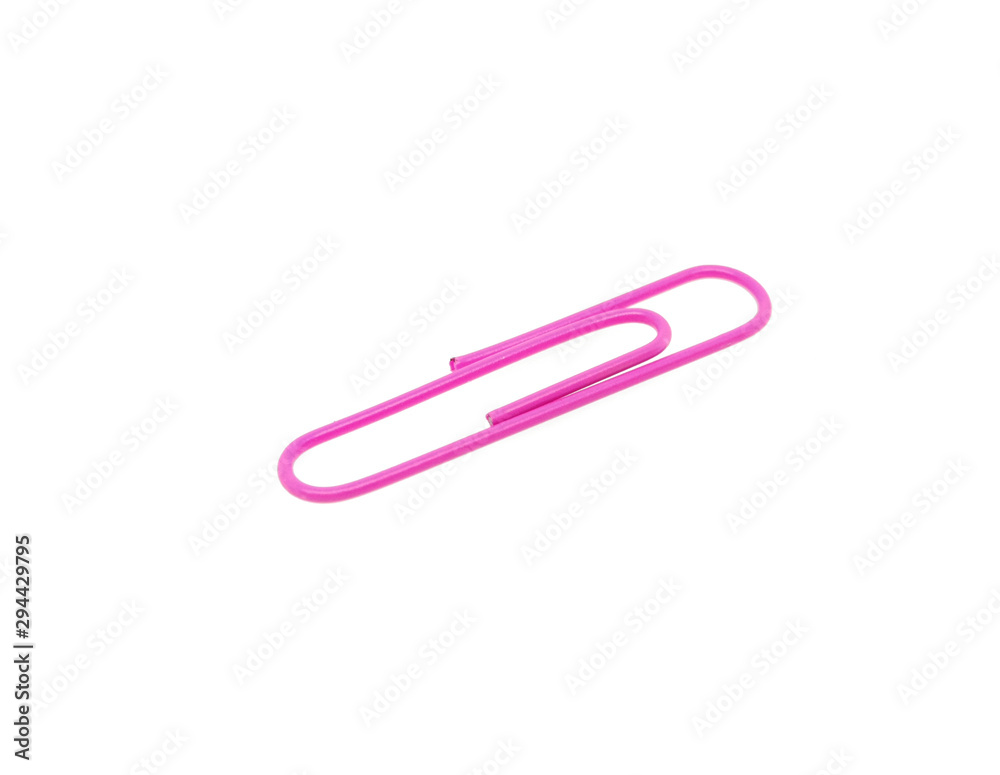 Single pink paper clip on a white background. one paper clip image Single pink paper clip on a white background. one paper clip image