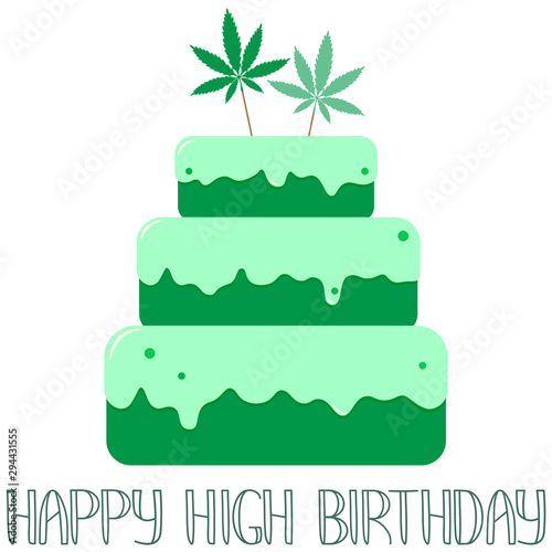 Cannabis cake. High birthday card. Legalization marijuana. Rastafari icon. Element for logo, game, print, poster or other design project. Vector illustration.