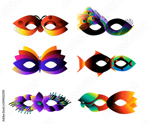 Funny mask for carnival fish butterfly flower peacock feather. Colorful gradient overflows. Vector illustration.