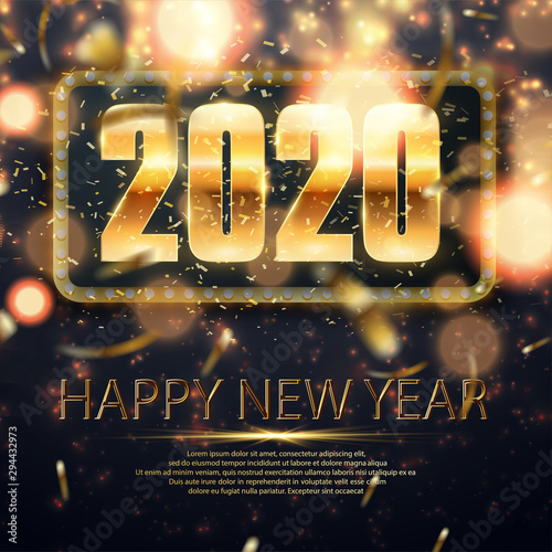 New Year Typographical Creative Background. Happy New 2020 Year. Holiday vector illustration of golden numbers 2020. Glittering confetti on black. Holiday decoration with sparkling tinsel particles.