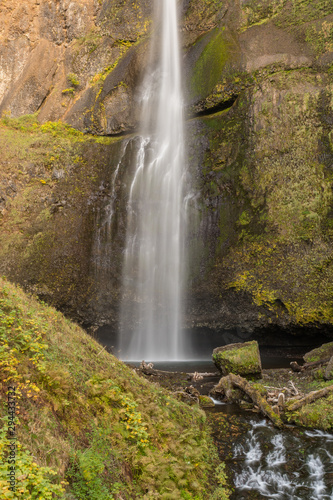 The lower part of the first level of the Multnomah waterfall located at Multnomah Creek in the Columbia River Gorge