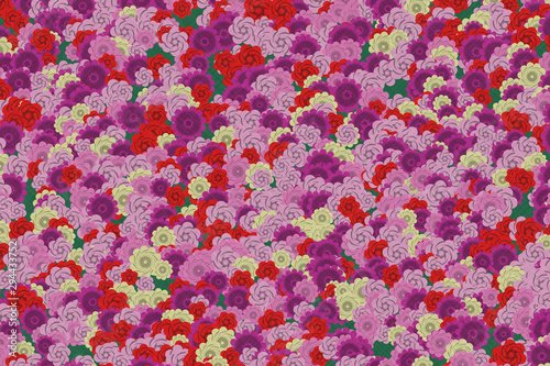 Traditional Japanese origami paper texture. Colorful flowers pattern. Roses and chrysanthemums background illustration