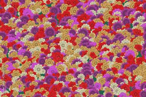Traditional Japanese origami paper texture. Colorful flowers pattern. Roses and chrysanthemums background illustration