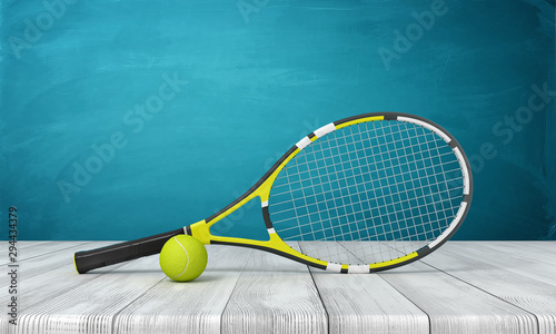 3d rendering of tennis racket and yellow tennis ball on white wooden floor and dark turquoise background