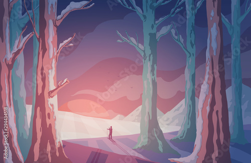 Winter landscape with snowy hills, trees and skier looking at sunrise or sunset. Beautiful forest scenery in rays of the sun. Vector illustration