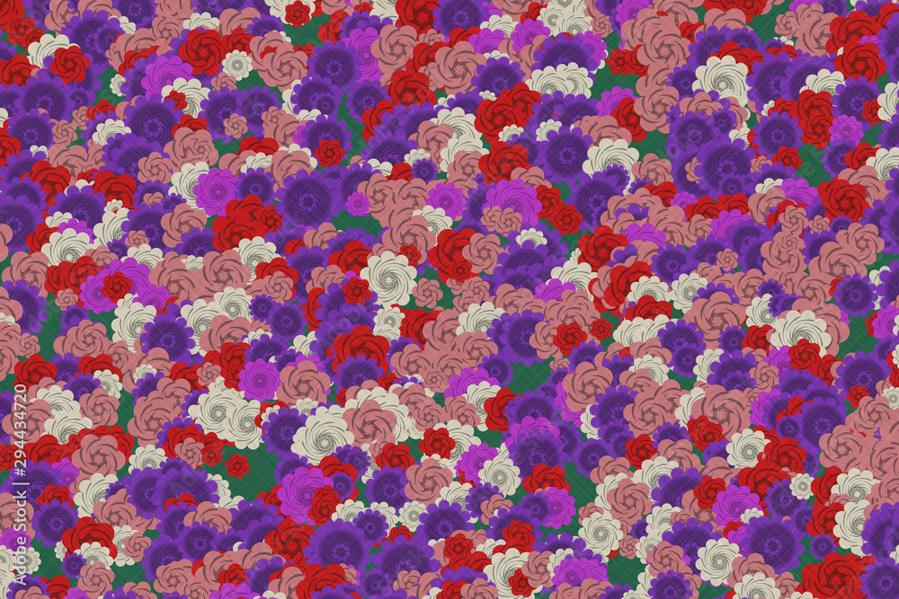 Traditional Japanese origami paper texture. Colorful flowers pattern. Roses and chrysanthemums background illustration