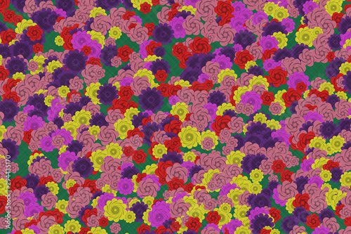 Traditional Japanese origami paper texture. Colorful flowers pattern. Roses and chrysanthemums background illustration