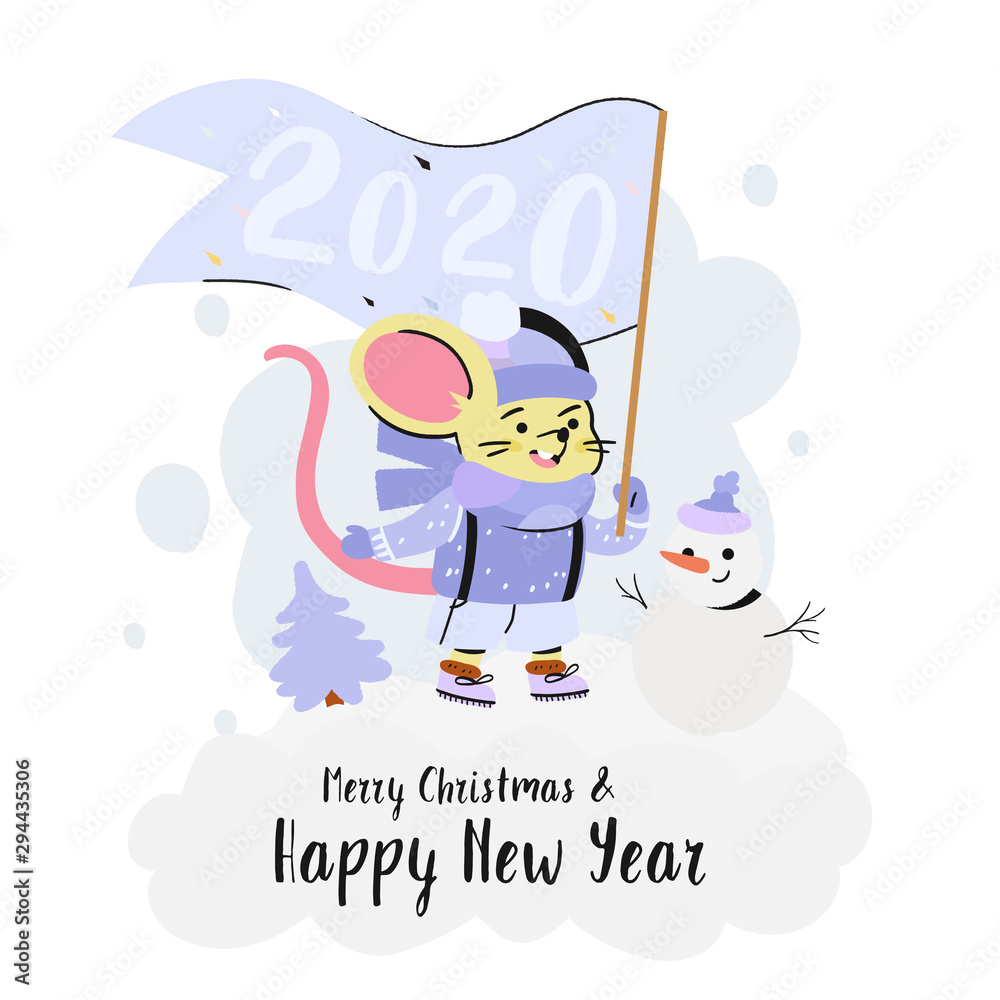 Merry Christmas and happy new year post card or print with a rat symbol of the next year with a snowman holding a flag with 2020 numbers of the next year on a snowy background.