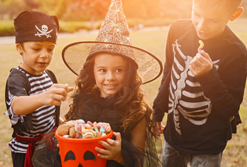 Happy kids in Halloween costumes with candy collector