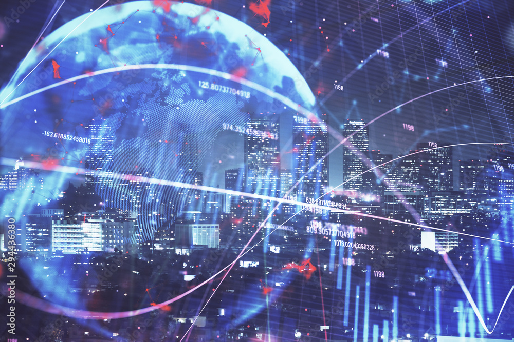 Obraz premium Financial graph on night city scape with tall buildings background multi exposure. Analysis concept.