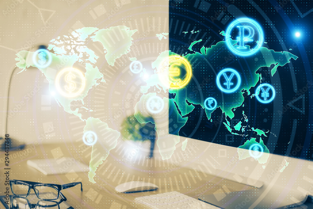 Fototapeta premium Stock market graph on background with desk and personal computer. Multi exposure. Concept of financial analysis.