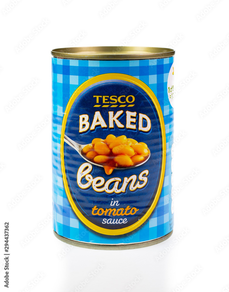 Tesco baked beans in tomato sauce on white background. Stock Photo