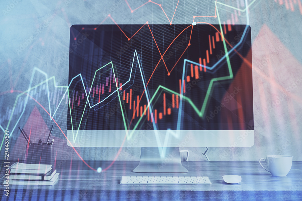 Stock market graph and table with computer background. Double exposure. Concept of financial analysis. Stock market graph and table with computer background. Double exposure. Concept of financial analysis.