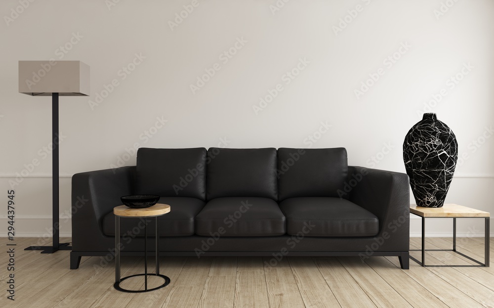 Comfortable modern black leather sofa with vase - obrazy, fototapety, plakaty 