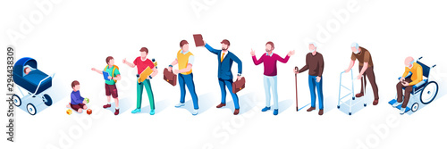 Set of isolated people in aging stages. Men generation growth. Infancy and childhood, puberty and adolescence, adult and maturity, old. Infant and teenager, father and grandfather.Demography evolution