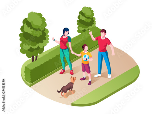 Family walking or strolling at park. Mother and child, father and kid spending time at nature. Parents with dog or pet. Male, female couple at outdoor walk with children. Holiday activity, parenthood