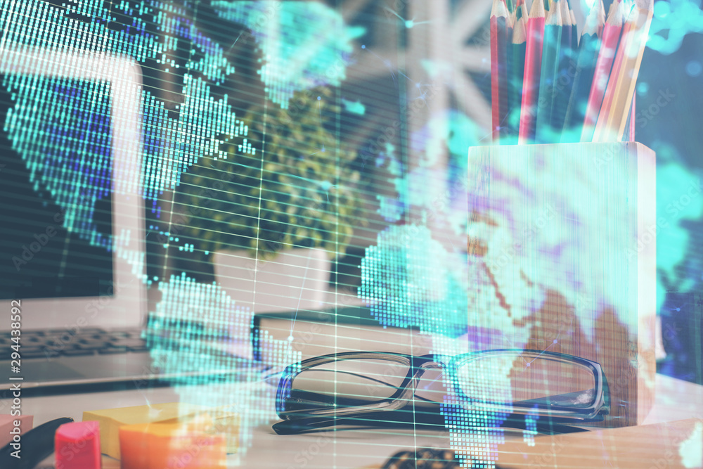Business theme hologram with glasses on the table background. Concept of search. Double exposure. Business theme hologram with glasses on the table background. Concept of search. Double exposure.