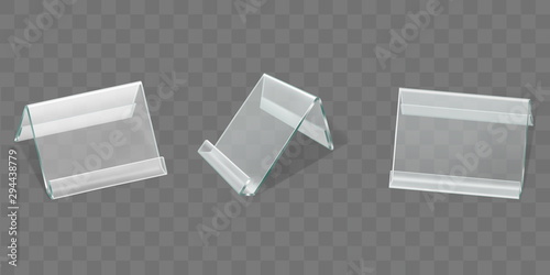 Acrylic table tent displays set, glass or plastic card holders isolated on transparent background. Empty plexi stands mock up. Clear plexiglass tag mockup, photo frame Realistic 3d vector illustration