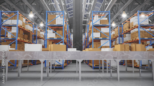 Packages delivery, parcels transportation system concept, cardboard boxes on conveyor belt in warehouse. Warehouse with cardboard boxes inside on pallets racks. Huge modern warehouse, 3D Illustration
