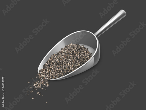 Chia seeds spill out of metal scoop isolated on black background. Super food nutrient, antioxidant, vegetarian nutrition ingredient for cooking healthy vegan meals. Realistic 3d vector illustration