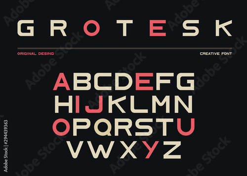 Latin alphabet, sans serif font in grotesk retro style. Abc uppercase letters on black background, typeface for posters and banners typography. Duotone elements, signs, symbols. Vector illustration