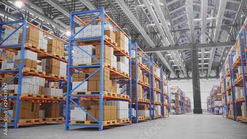 Canvas Print Warehouse with cardboard boxes inside on pallets racks, logistic center
