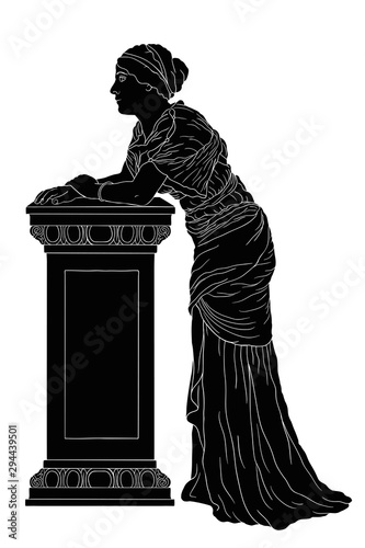 An ancient Greek woman in a tunic stands and leans on a stone pedestal. Vector image isolated on white background.