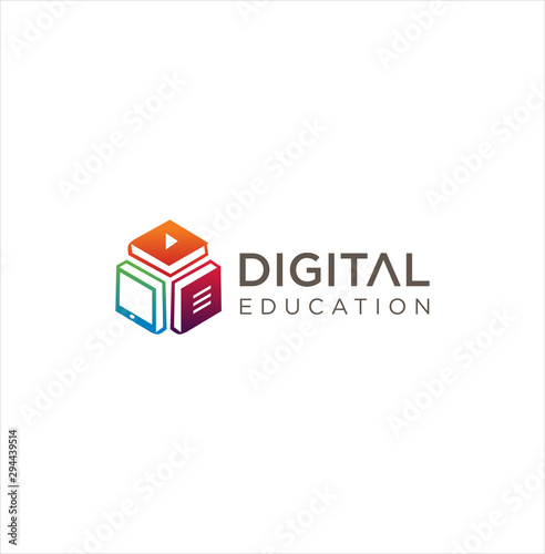 Media Education Logo . Digital school book online education logo and graduation hat. E-book or e-reader soft icon. On-line education