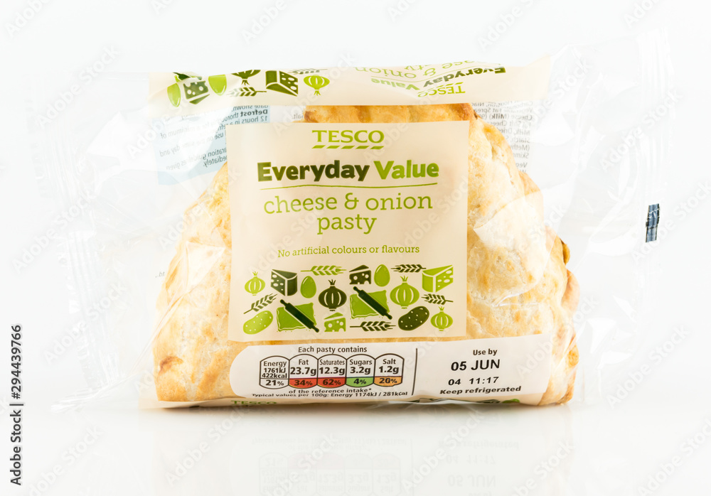 Tesco Everyday Value cheese and onion pasty. Stock Photo Adobe Stock