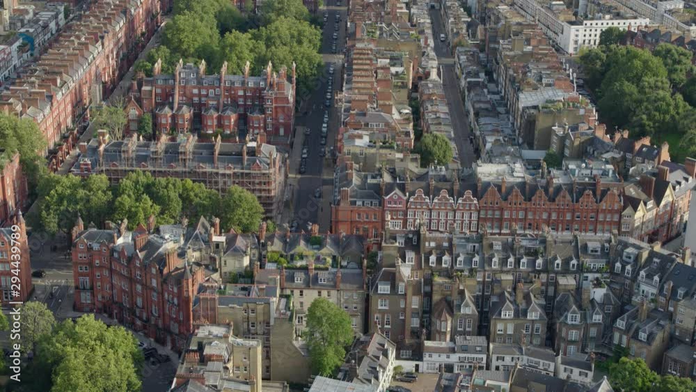 London Knightsbridge, aerial establishing shot of Grade 2 listed properties in South Kensington